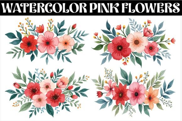 Download Watercolor Pink Flowers and Green Leaves - Premium Resources