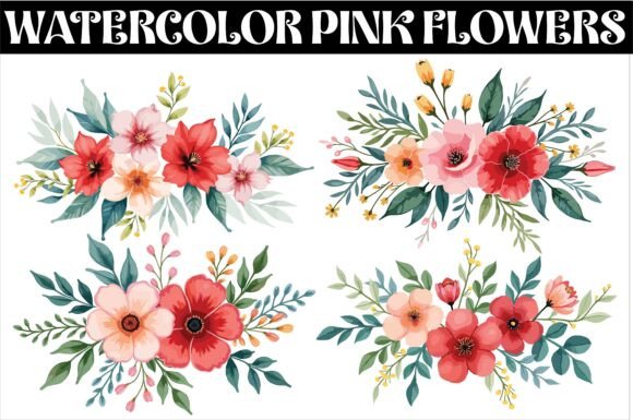 Download Watercolor Pink Flowers and Green Leaves - Premium Resources